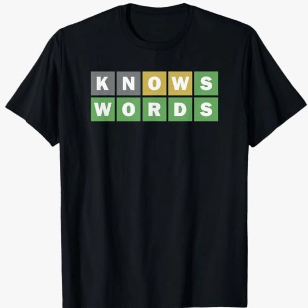 Black T-Shirt with Colorful 'Knows Words' Design